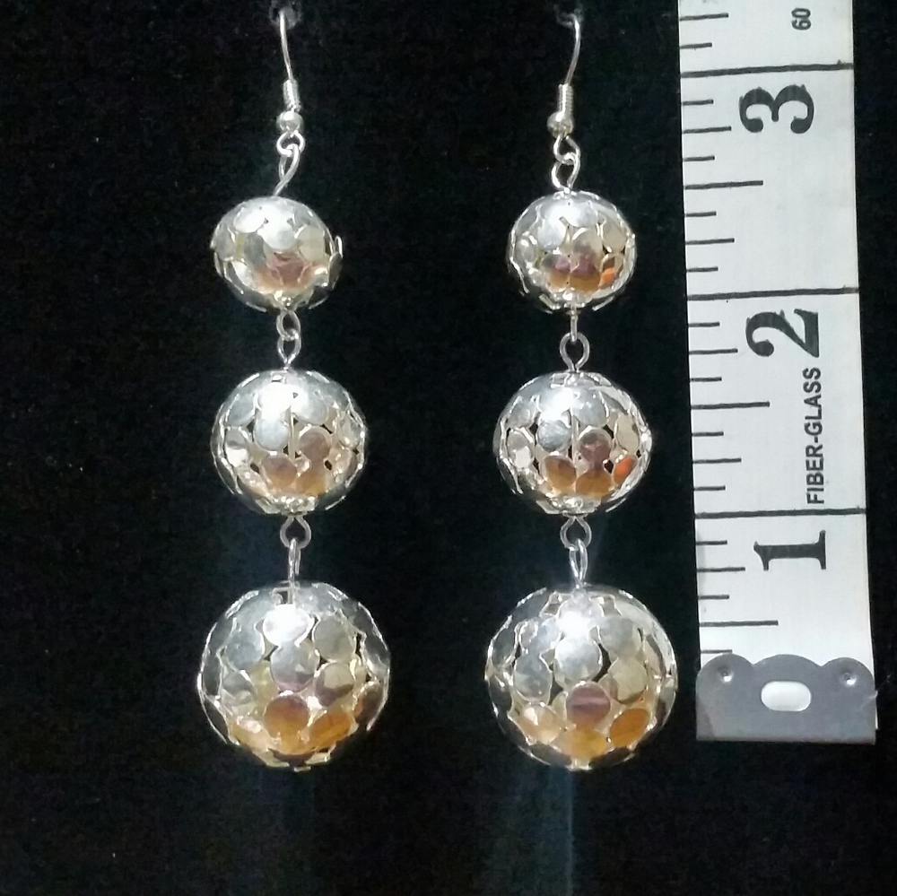 Silver 3 Tier Ball 3" Dangle Earrings - Picture 3 of 3